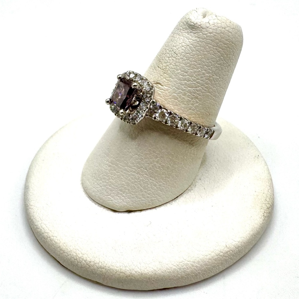 14k Two Tone White and Rose Gold Halo Style Purple Diamond Engagement Ring - Picture 4 of 5